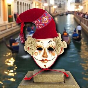 Vintage Porcelain Jester Clown Mask Red Velvet Hat Gold Trim Wall Decor